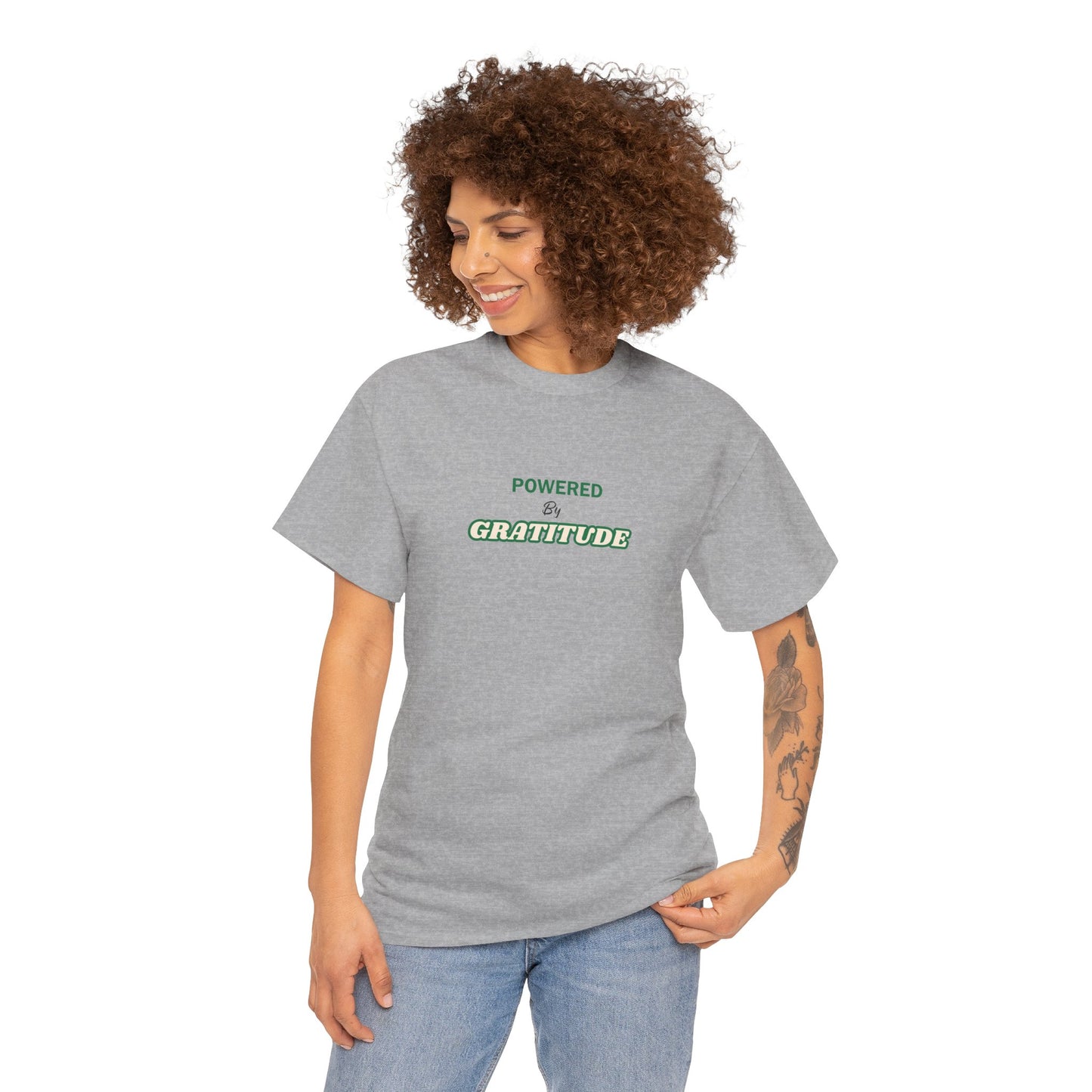 Powered by Gratitude T-Shirt | Minimal Text Graphic, White Chest Logo