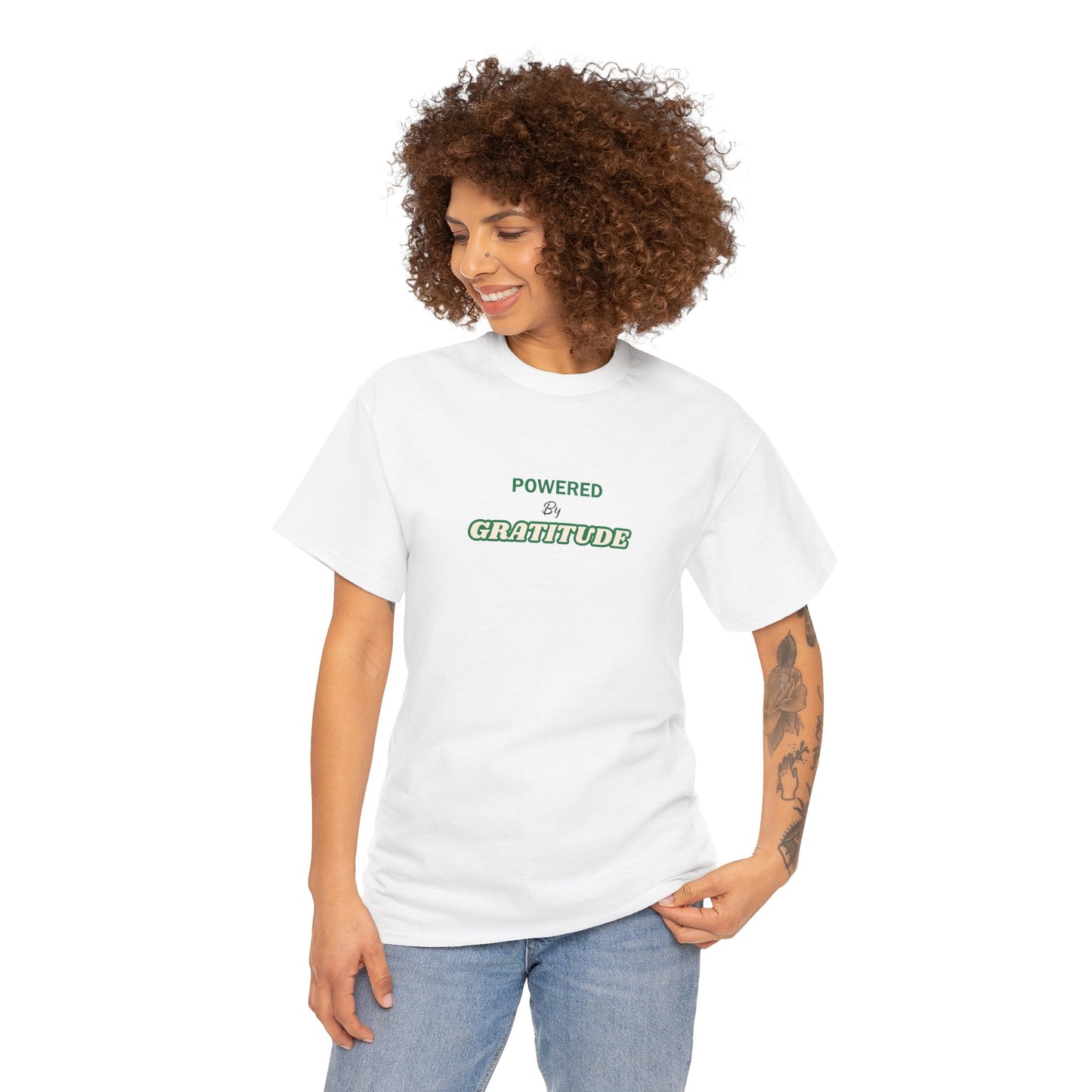 Powered by Gratitude T-Shirt | Minimal Text Graphic, White Chest Logo