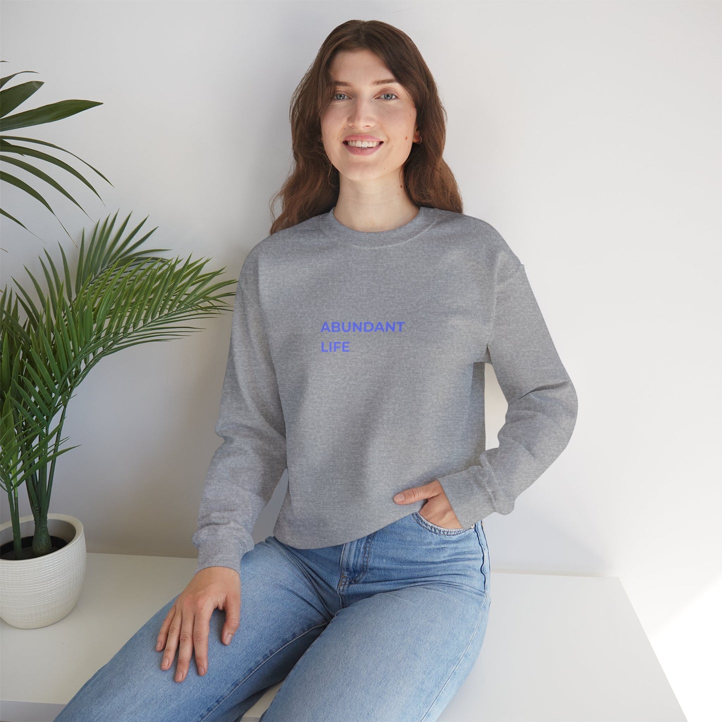 Abundant Life crewneck sweatshirt | Minimal text design, pastel blue lettering