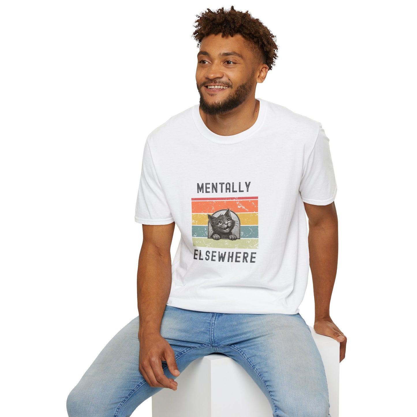 Mentally Elsewhere Cat Retro Stripe T-Shirt | Vintage Vibes
