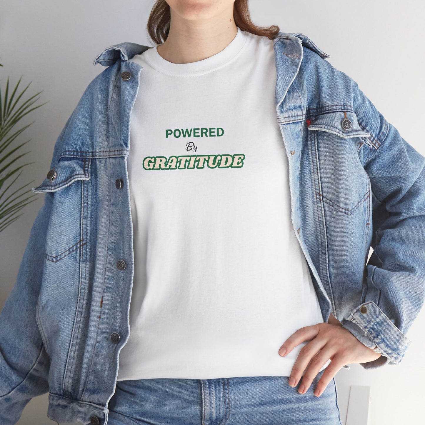 Powered by Gratitude T-Shirt | Minimal Text Graphic, White Chest Logo