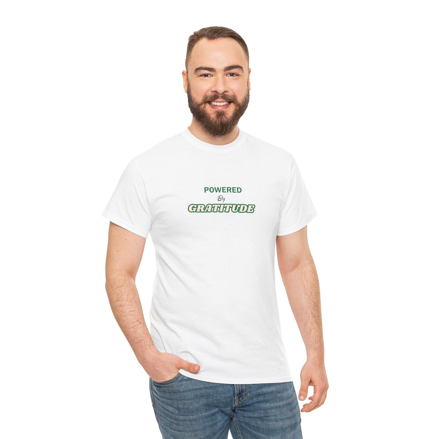Powered by Gratitude T-Shirt | Minimal Text Graphic, White Chest Logo
