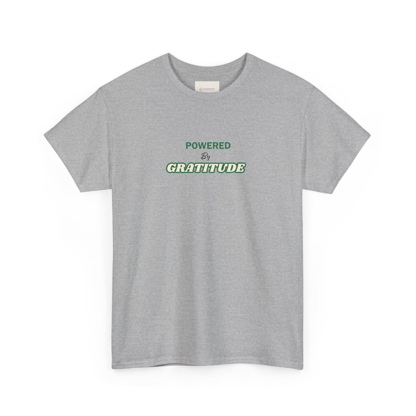 Powered by Gratitude T-Shirt | Minimal Text Graphic, White Chest Logo