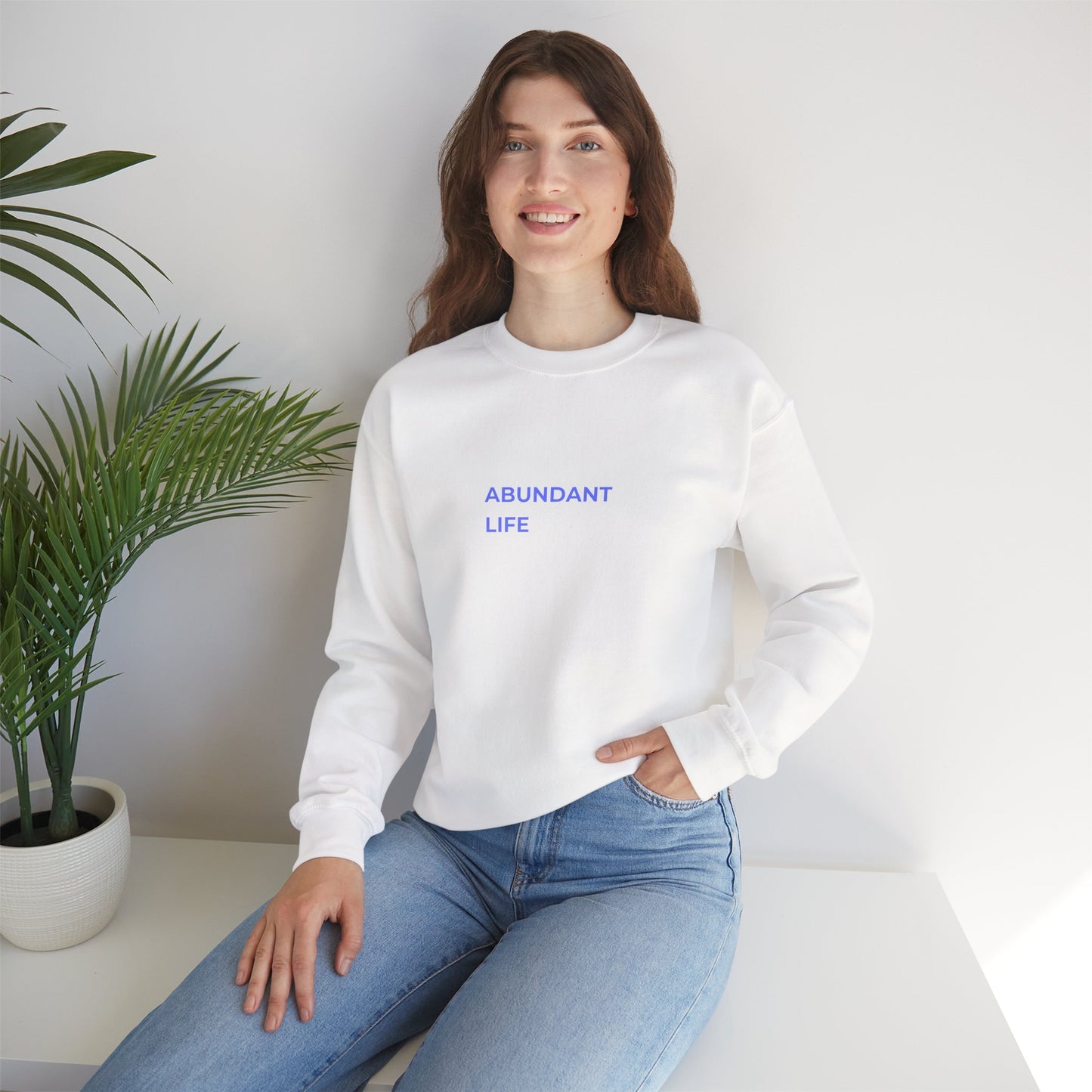 Abundant Life crewneck sweatshirt | Minimal text design, pastel blue lettering