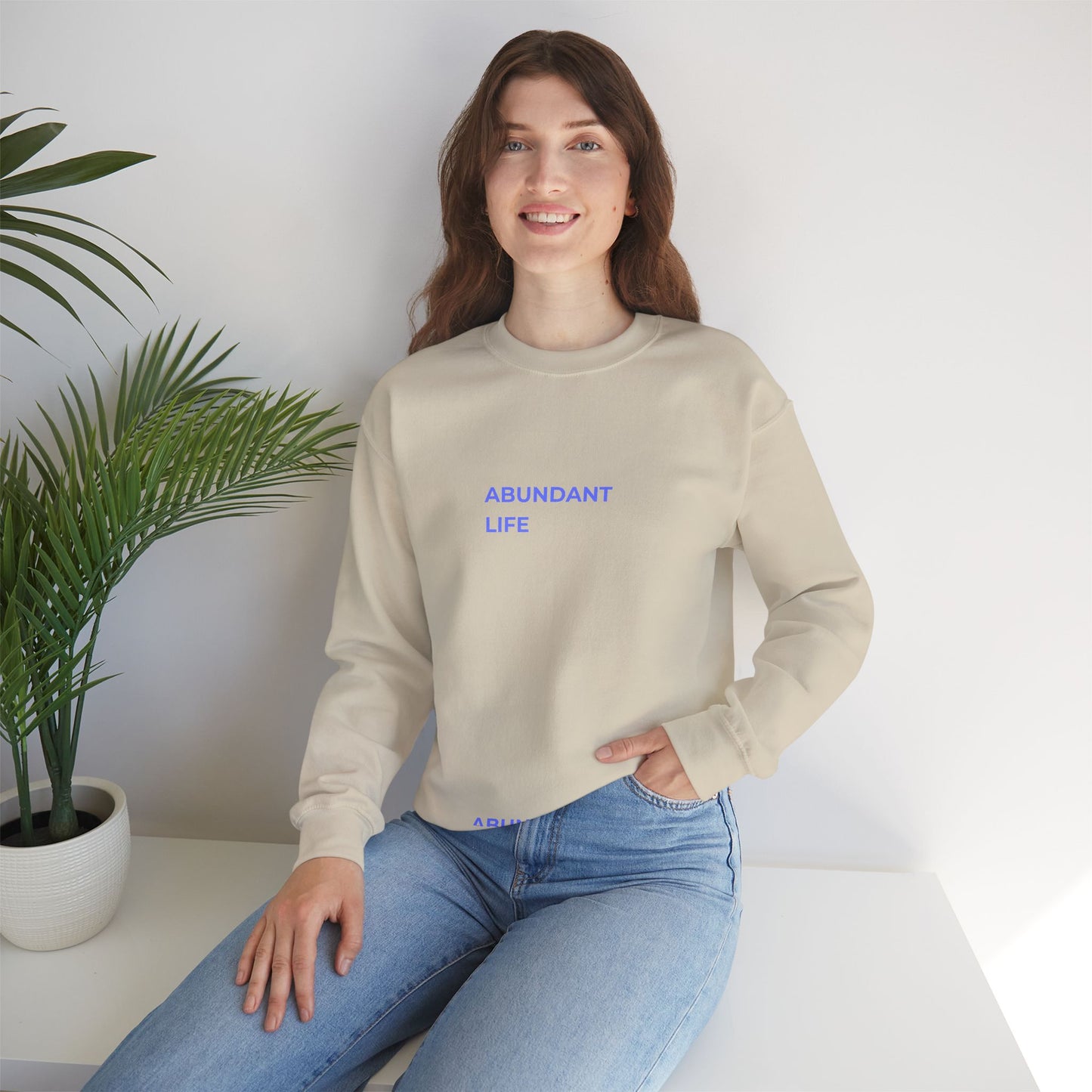 Abundant Life crewneck sweatshirt | Minimal text design, pastel blue lettering