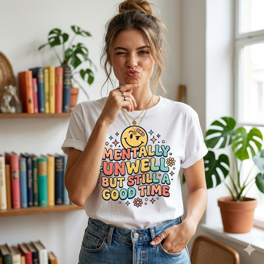 Mentally Unwell But Still A Good Time Shirt, Retro Smiley Tee, Funny Mental Health T-Shirt, Gen Z Humor Graphic Tee Gift